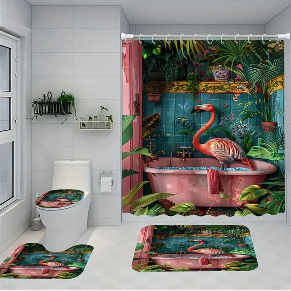 Tropical Flamingo Shower Curtain Bathroom Set - Pink and Teal